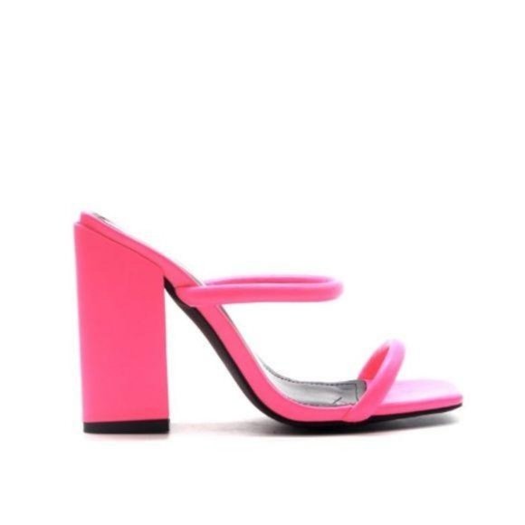 Shoes - Block Heel Mules in Neon Pink